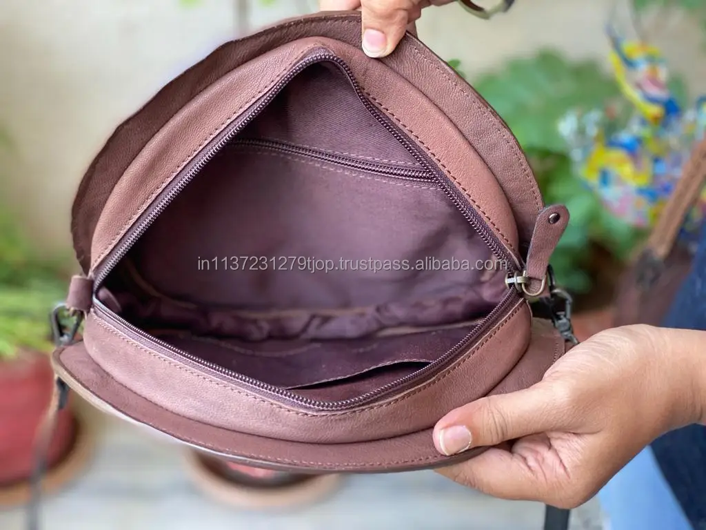 Handmade Tooled Carved Leather Canteen Bag Hand Tooled Round Handbag