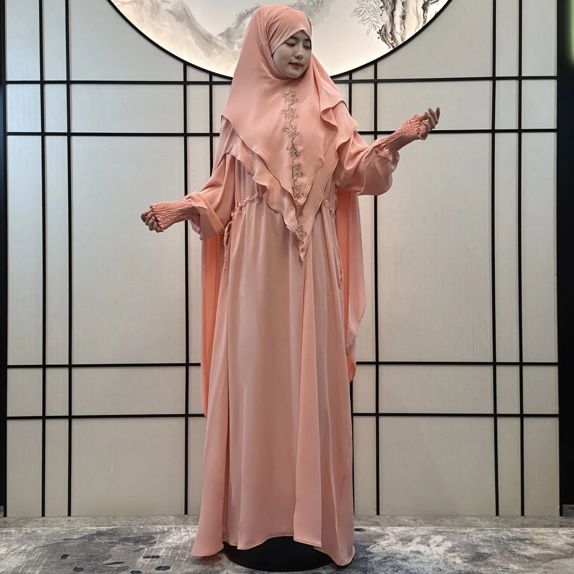 green emerald velvet dress Elegant Moon Kimono Style Abaya with Hijab Set - Premium Modest Wear