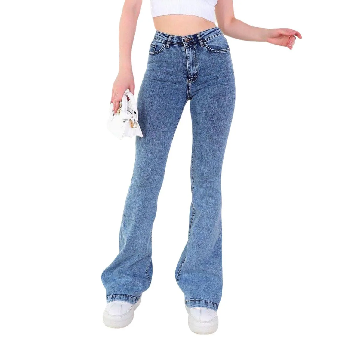2024 New Style Custom Oversize Bootcut Jeans Pants Jute Washed Straight Fit Waist Hips Blue Denim Trousers Women's Brand Jeans