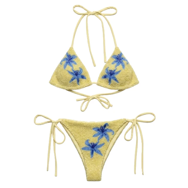 Custom Solid Yellow Beaded Bikini Set for Women with Halter Lace Up Straps Stylish Two Piece Swimwear Bathing Suit for Summer