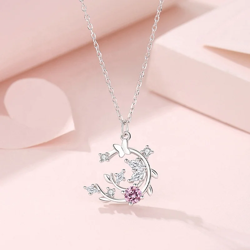 FDXZ-185 Design S925 Sterling Silver Pink Fairy Butterfly Crescent