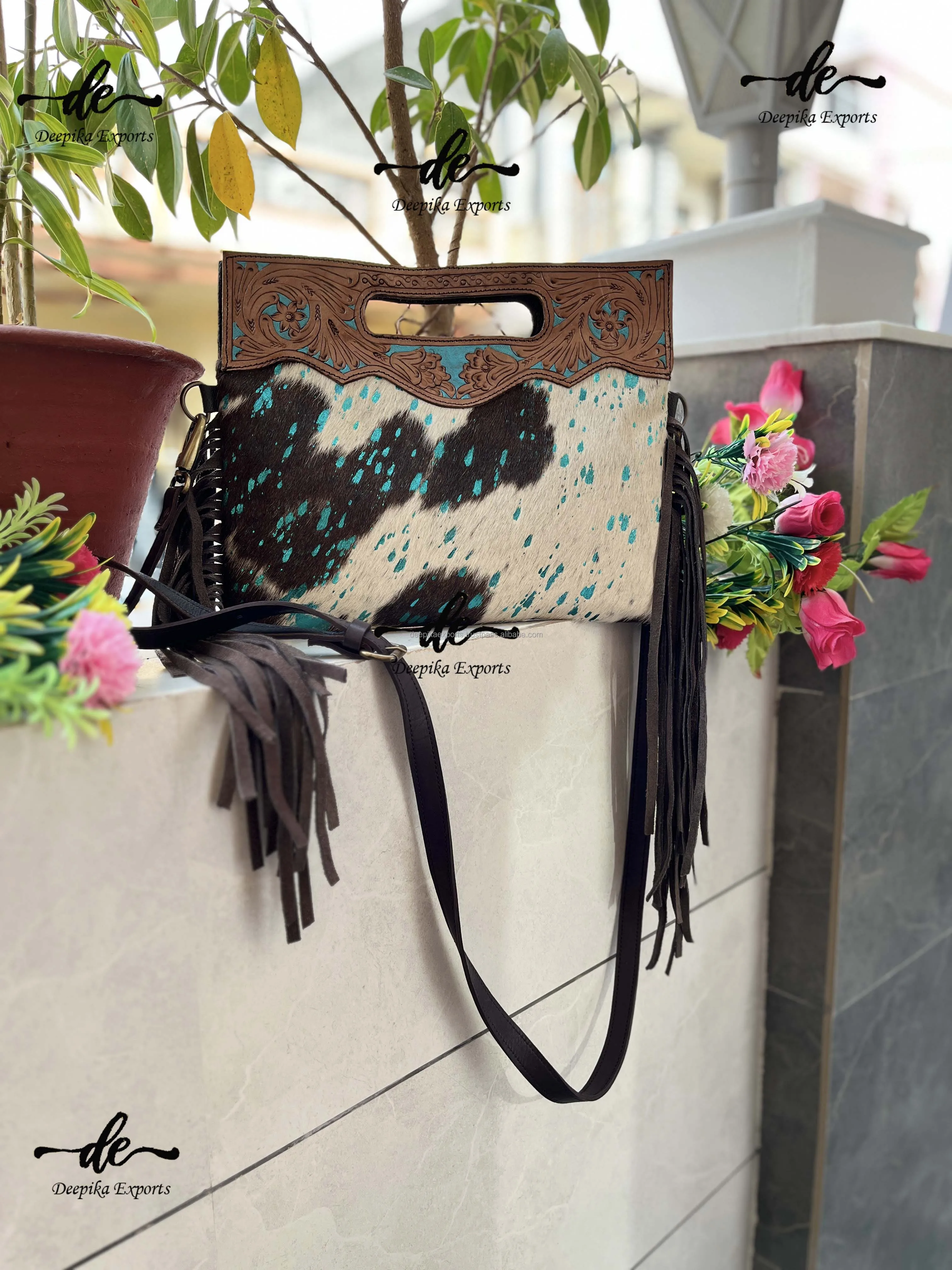 Metallic Fur Leather Fringe Handbag Hand Tooled Carving Sling Shopping