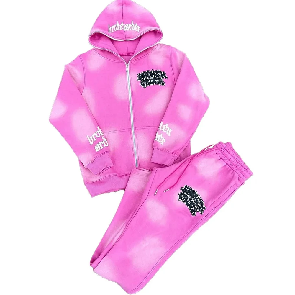 Glory Custom Distressed Embroidered Sweatsuit Hoodie Tracksuit 2026 Customized Stacked Flare Sweatpants and Hoodie Set