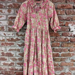 Hand Block Printed Summer Cotton Dress| Floral Print| Handmade V-neck Puff Sleeve Casual Wear Long Maxi Gown For Women