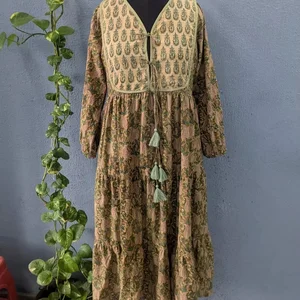 Hand Block Print Breathable Casual Summer Cotton Dress V-neck Long Sleeve Partywear Long Maxi Gown Gifts for Her