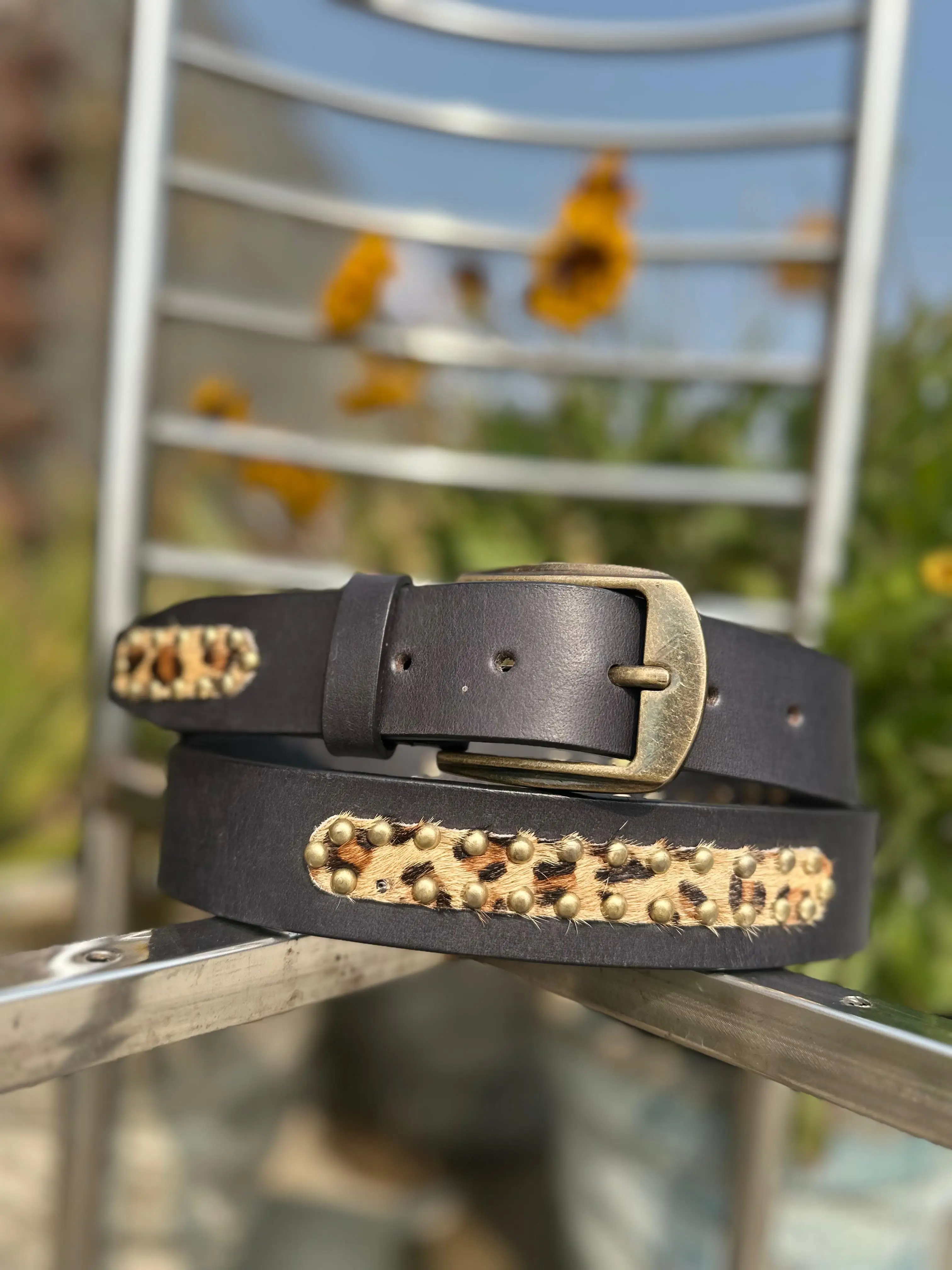 Reversible Western Studded Leather Belt with Ornate Silver Buckle - Tan Buy Western Tan Leather Belt With Silver Buckle  main image 2