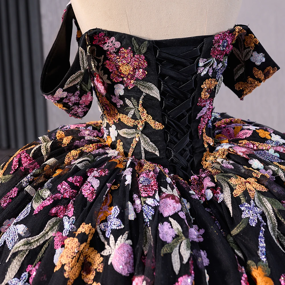 pink and black quince dress Black Ball Gown Off The Shoulder Quinceanera Dresses With Bowknot Black / 6