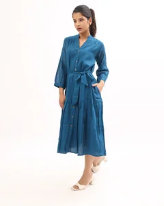 Women's Fancy Rayon Midi Dress Blue Fit Flare Solid Pattern Sustainable With Belt And Side Pocket Plain Dyed Midi Dress