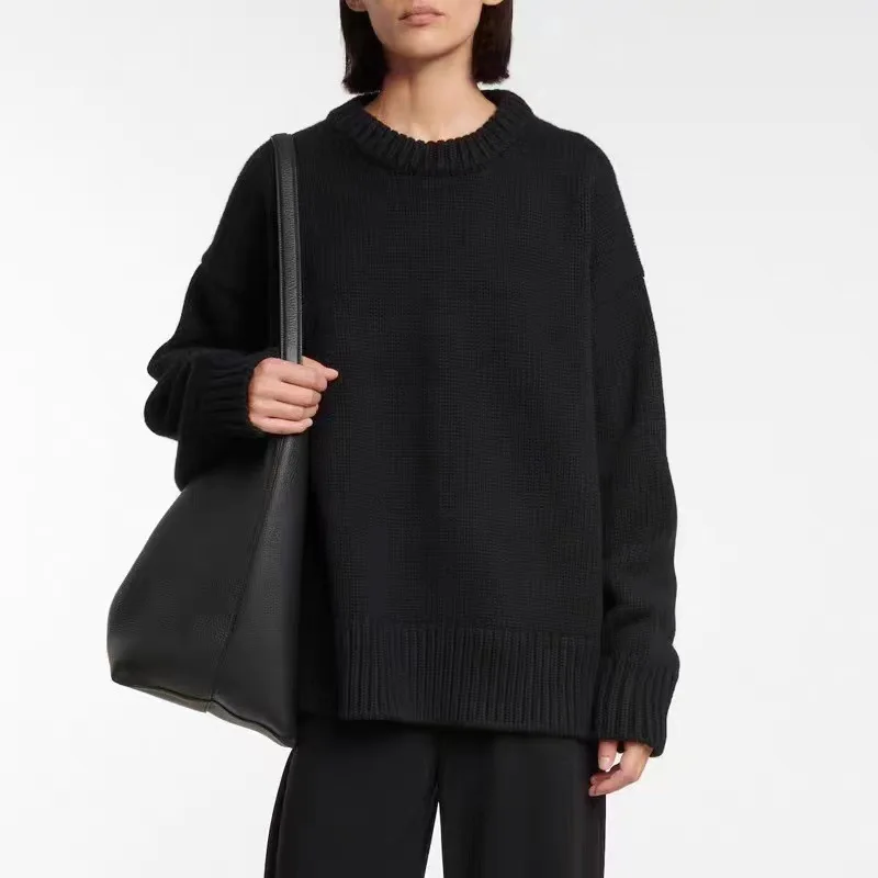 Hand Crocheted Oversized Sweater for Woman Winter Loose Knitted Pullover Crew Neck Long-sleeved Solid Comfortable Sweater