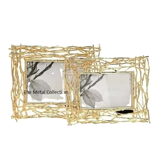 Stylish Photo Frame Set Of 2 Metal & Glass For Wall Decor Gold Color