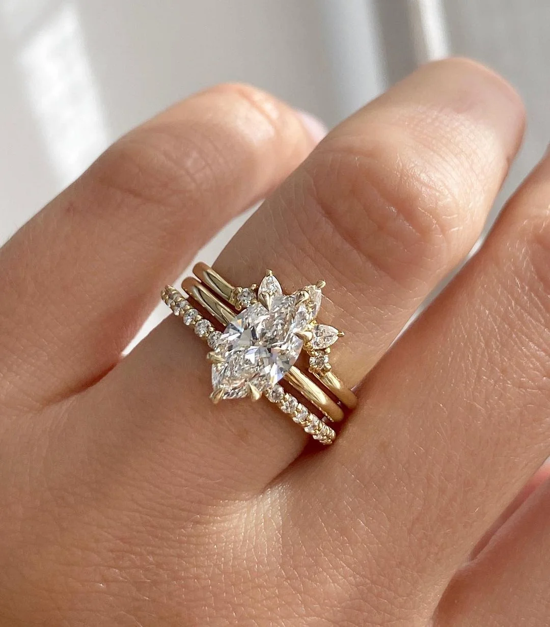 Cheap Simple G14k Yellow Gold AU585 Stackable Ring Sets Wedding 6x12MM 2CT Marquise Shape Moissanite Rings for Women