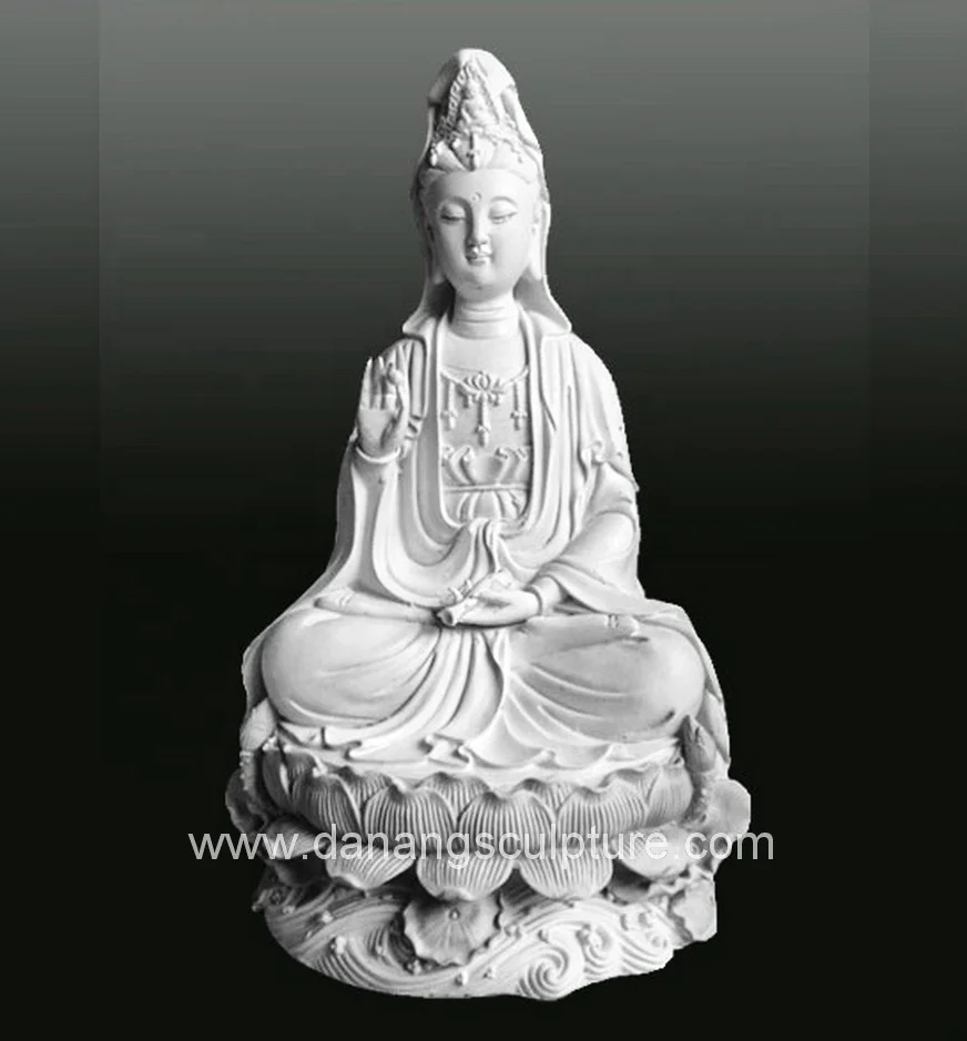 Vietnam Natural Marble Kuan Yin Buddha Sitting on lion Statue Stone Garden Decoration