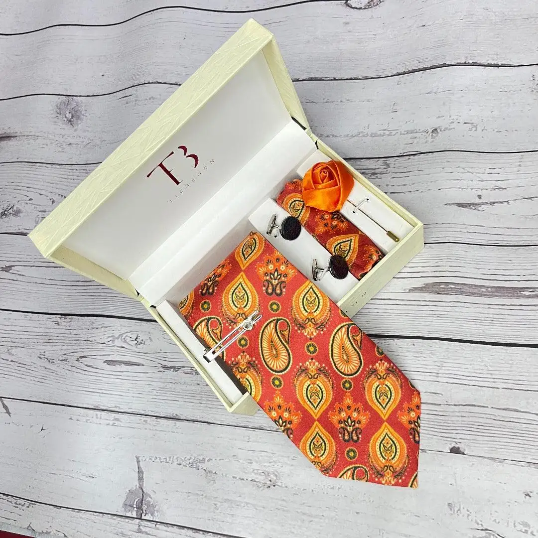 Tie Benon Premium Quality Saffron Silk Tie Paisley Printed Accessory