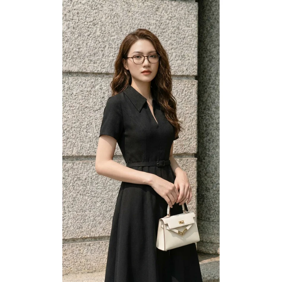Elegant Women Office Midi Dress With Belt Short Sleeve A Line Black Formal Dress High Grade Women Dresses
