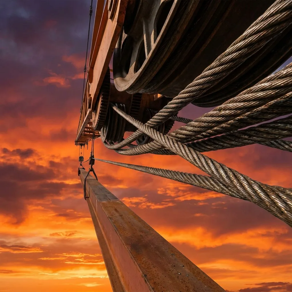 High-rise tower crane lifting heavy load using Solite wire rope at sunset