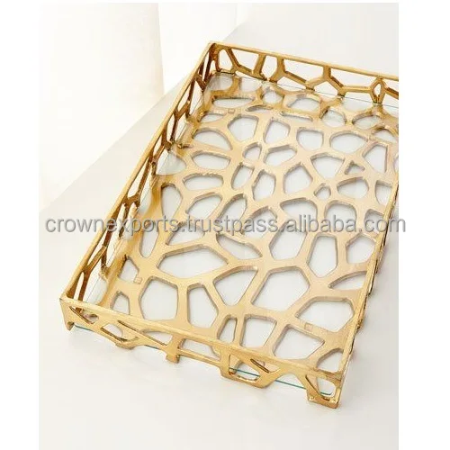 Round Steel Serving Tray Matt Finished Server Platter & Dish With Gold