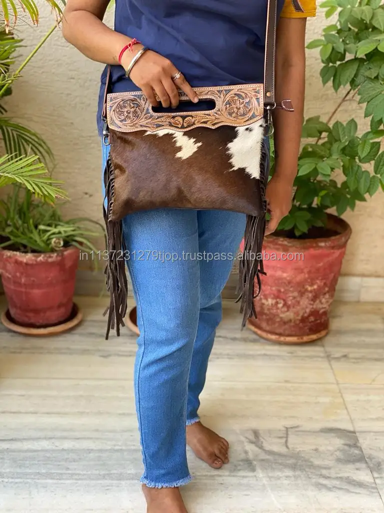 Real Cowhide Fur Leather Fringe Bag Women Tooled Carving Leather