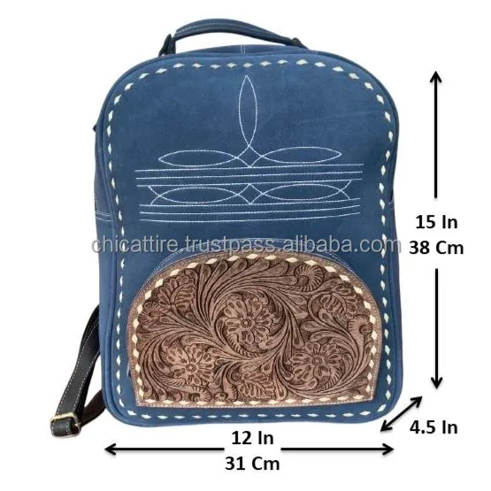 Hand Tooled Blue Suede Leather Boot Stitch Backpack Western Floral Concealed Carry Travel Luxury Cow Leather Laptop Backpacks