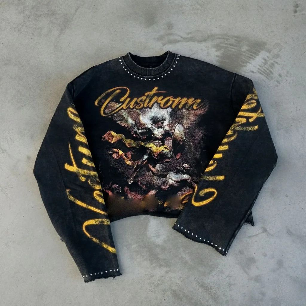 Custom Oversized Crew Neck Sweatshirt Men's Vintage Print Rhinestone Crop Pullover Long Sleeve Black Yellow Design Autumn Style