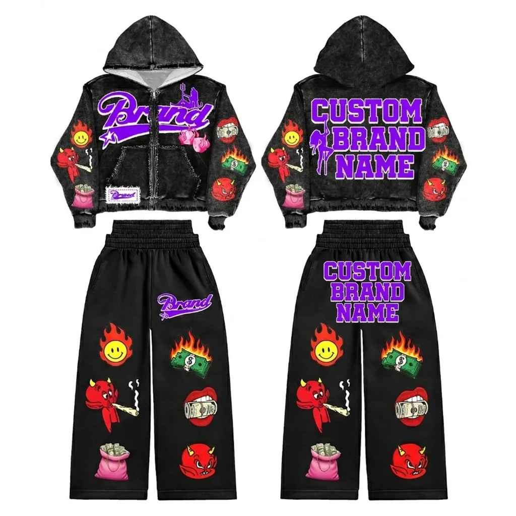 Custom Brand Name Men's Street Style Hoodie Set All Over Cartoon Print French Terry Distressed Sweatshirt Pants Autumn Wear