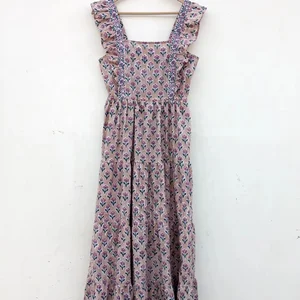 Handmade Indian Maxi Dress Hand Block Printed Cotton Tier Woven and Breathable Square Neck Long Maxi Dress For Women