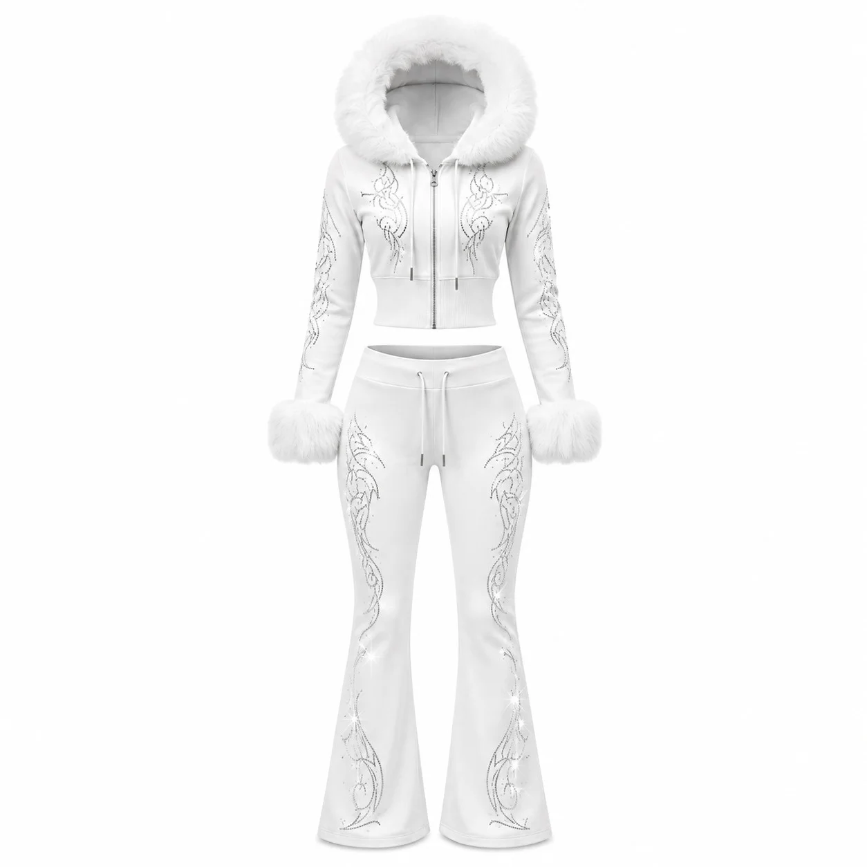Custom Women White Tracksuit Set With Faux Fur Hood And Cuffs Rhinestone Embroidery Detail Stylish Winter Two Piece Sweatshirt