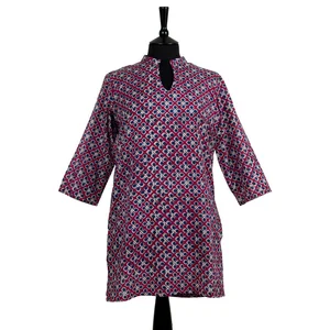 SALE Long Kurta Top All Sizes Style 1 Plum Red with Sapphire Blue 100% Lightweight Cotton V-neck Floral Print Long Sleeve Top