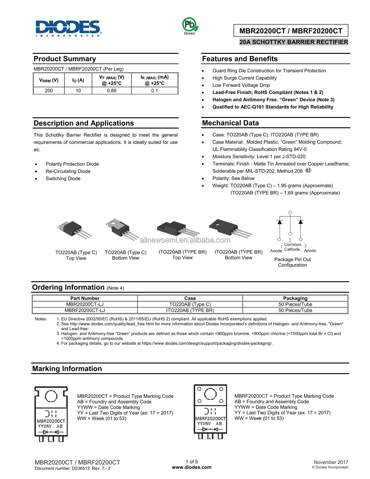 Hot sale Original MBR20200CT DIODE TO-220-3 ARR SCHOTT 200V 10A TO220 Diode Array 1 Pair Common Cathode 200 V 10A Through Hole