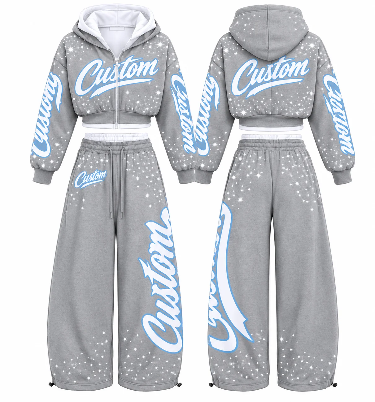 Custom Graphic Printed 100% Cotton Fabric Tracksuits New Vintage Look Zipper Crop Hoodie With Flared Pants Two Piece Set
