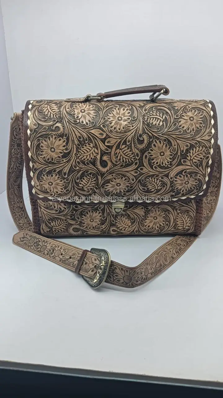 New Western Hand Tooled Leather Buck Stitch Briefcase Bags Genuine Leather Women Work Bags