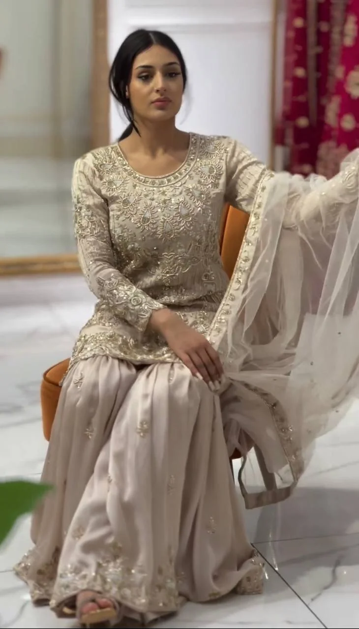 Latest Designer Heavy Georgette Embroidery Party Wear New Fancy Top-Dupatta Fully Stitched Gharara Salwar Fashion Style Kurti