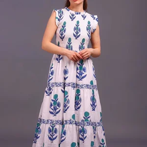 Handmade Summer Maxi Dress with Floral Print Hand Block Printed Halter Neck Sleeveless Cotton Long Maxi Dress For Women