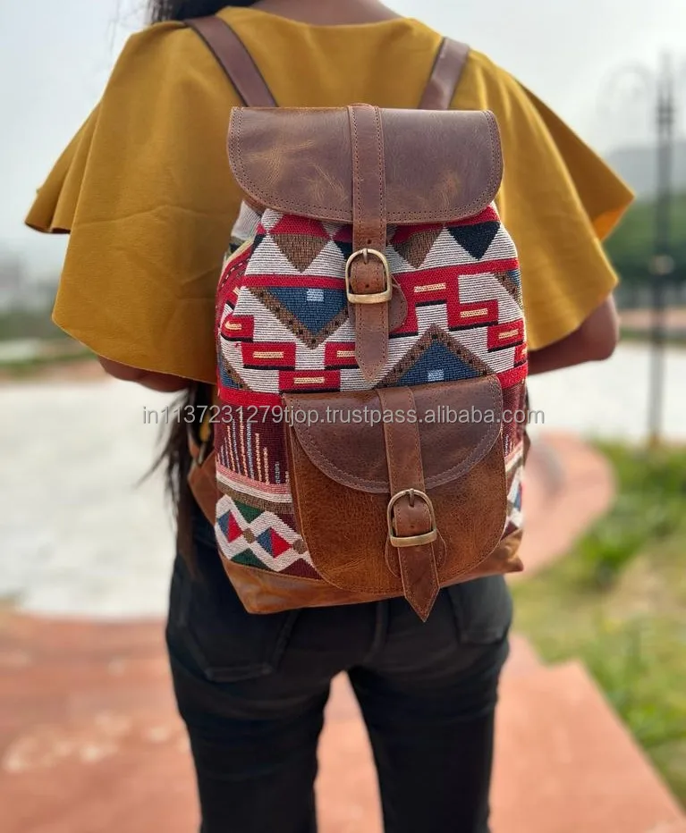 Hot Sale Jacquard Leather Handmade Backpack Real Leather Rucksack