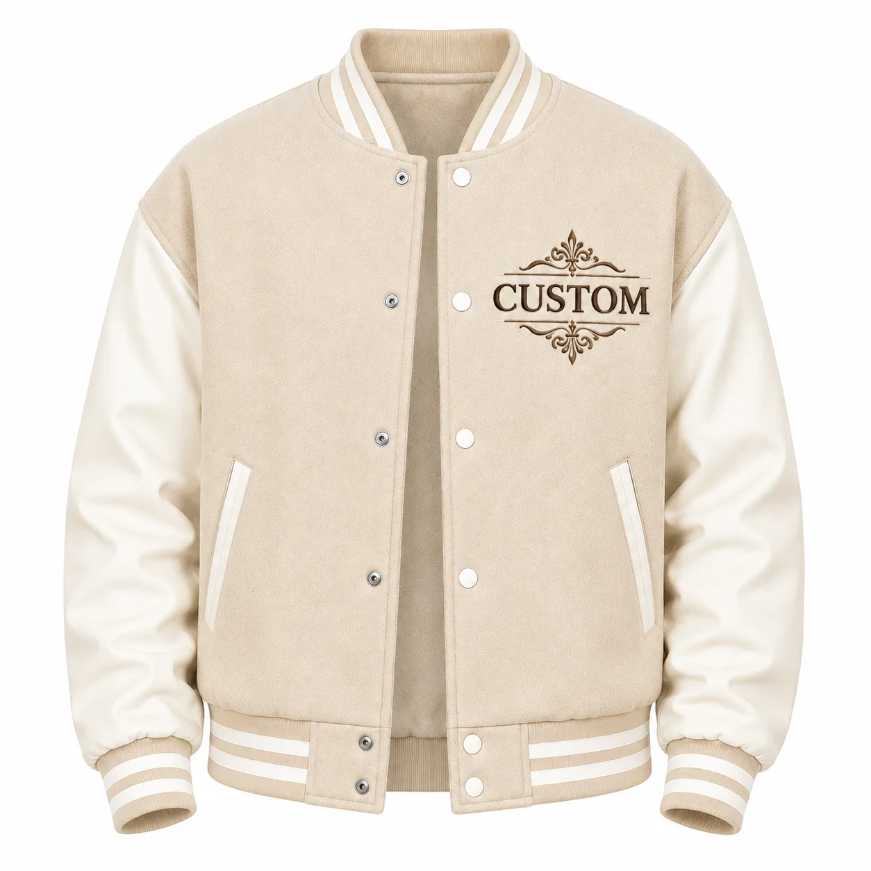 Custom for Varsity Jacket Premium Soft Texture Reversible Ribbed Sleeves Classic Button-Up Streetwear Design Unisex Wear Front