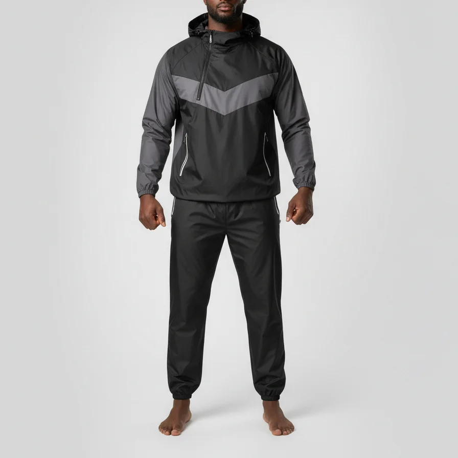 OEM Hot Sale Wholesale 2 Piece Set Custom Professional Unisex Fitness Sweat Color Block Black Grey Sauna Suit Elastic Waist Suit