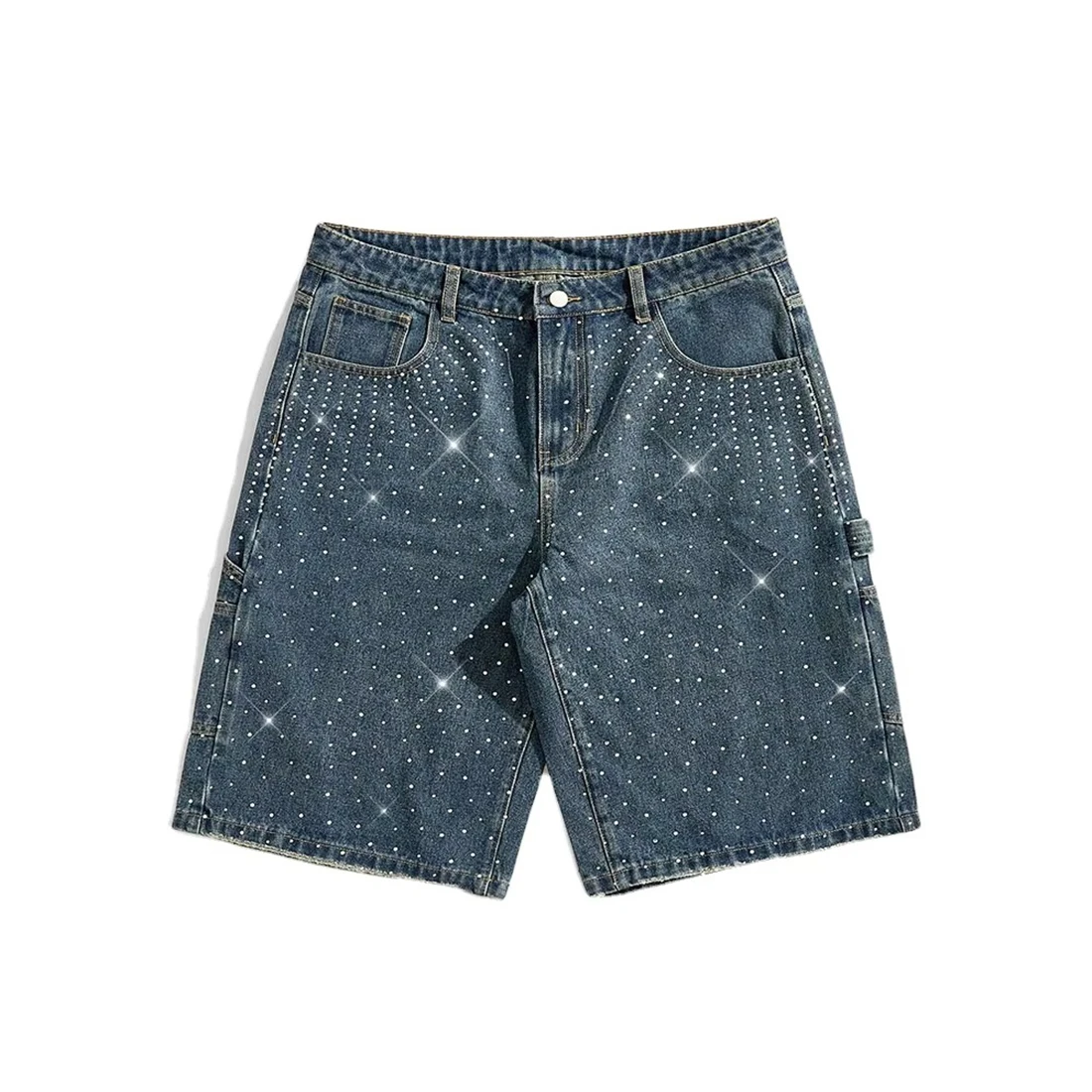 Custom Rhinestone Acid Wash Denim Short New Trendy Vintage Style Summer Shorts Street Wear Out Fit For Unisex Wear