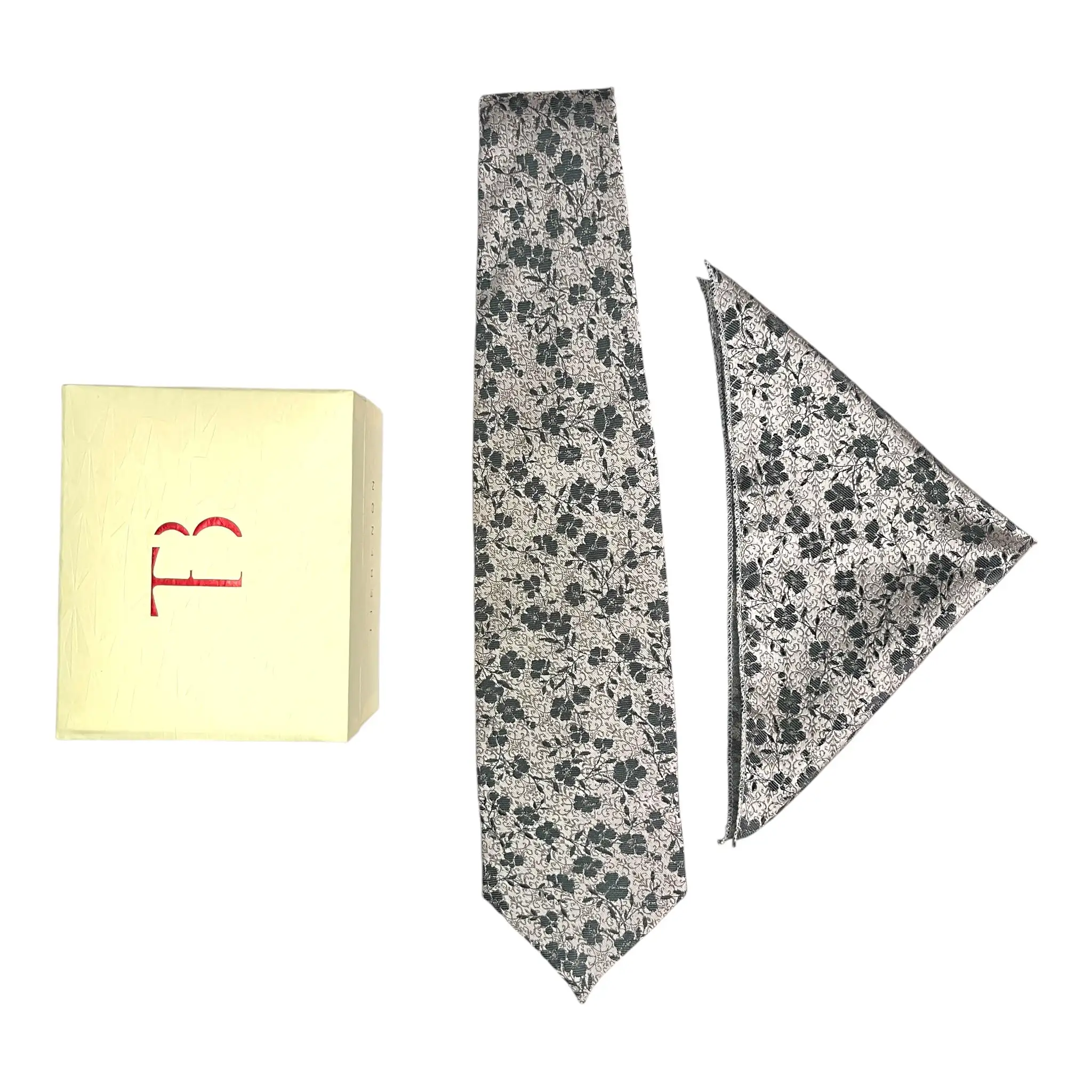 Tie Benon Floral Broad Cashmere Clothing Accessories Combo Tie and Pocket Square in Maroon/Silver/Dark Grey