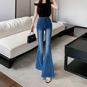 Women's High-Waisted Button-Front Slim-Fit Jeans With Pearl Detailing - Stylish Wide-Leg Flare Stretchy and Slimming Long Pants