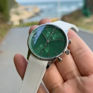 New Luxurious and Stylish Green Dial Chronograph Men's Watch with White Silicone Strap Business Casual Outdoor Mechanical Watch