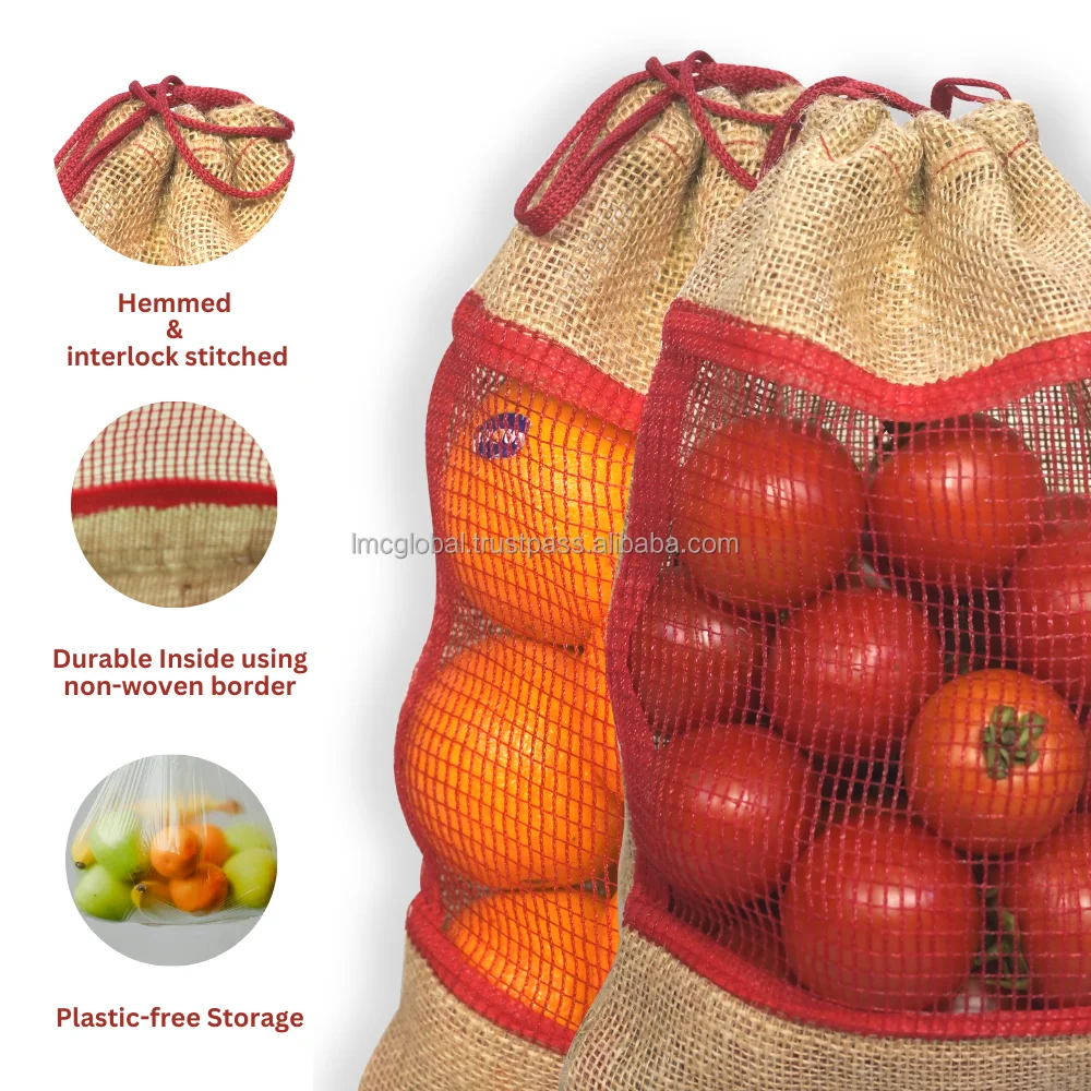 Easy To Carry Vegetables Jute Red Mesh Non Woven Customized Logo Jute ...