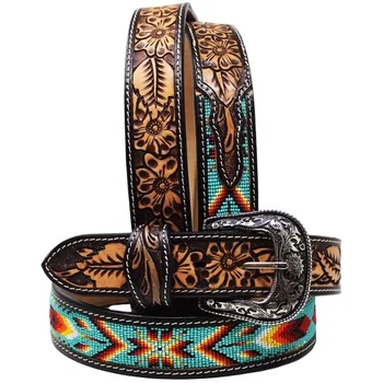 Cowboy beaded Belt With Floral Embossed Design & Best Quality Leather Top Wholesale Manufacturer For Men & Women
