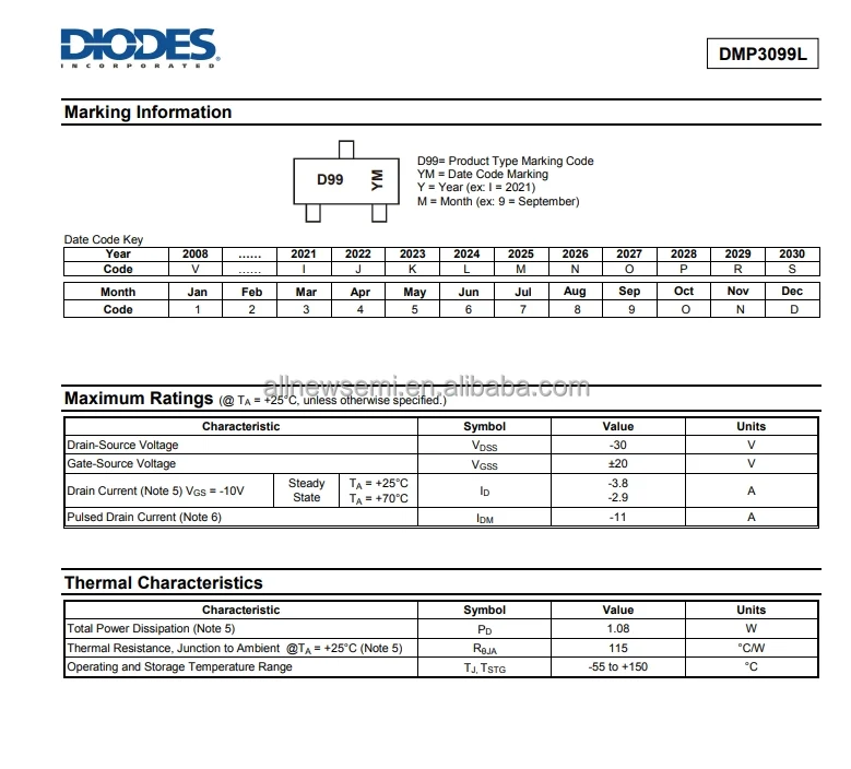 Hot sale Original DMP3099L-7 Transistor MOSFET P-CH 30V 3.8A P-Channel 30 V 3.8A (Ta) 1.08W (Ta) Surface Mount SOT-23-3