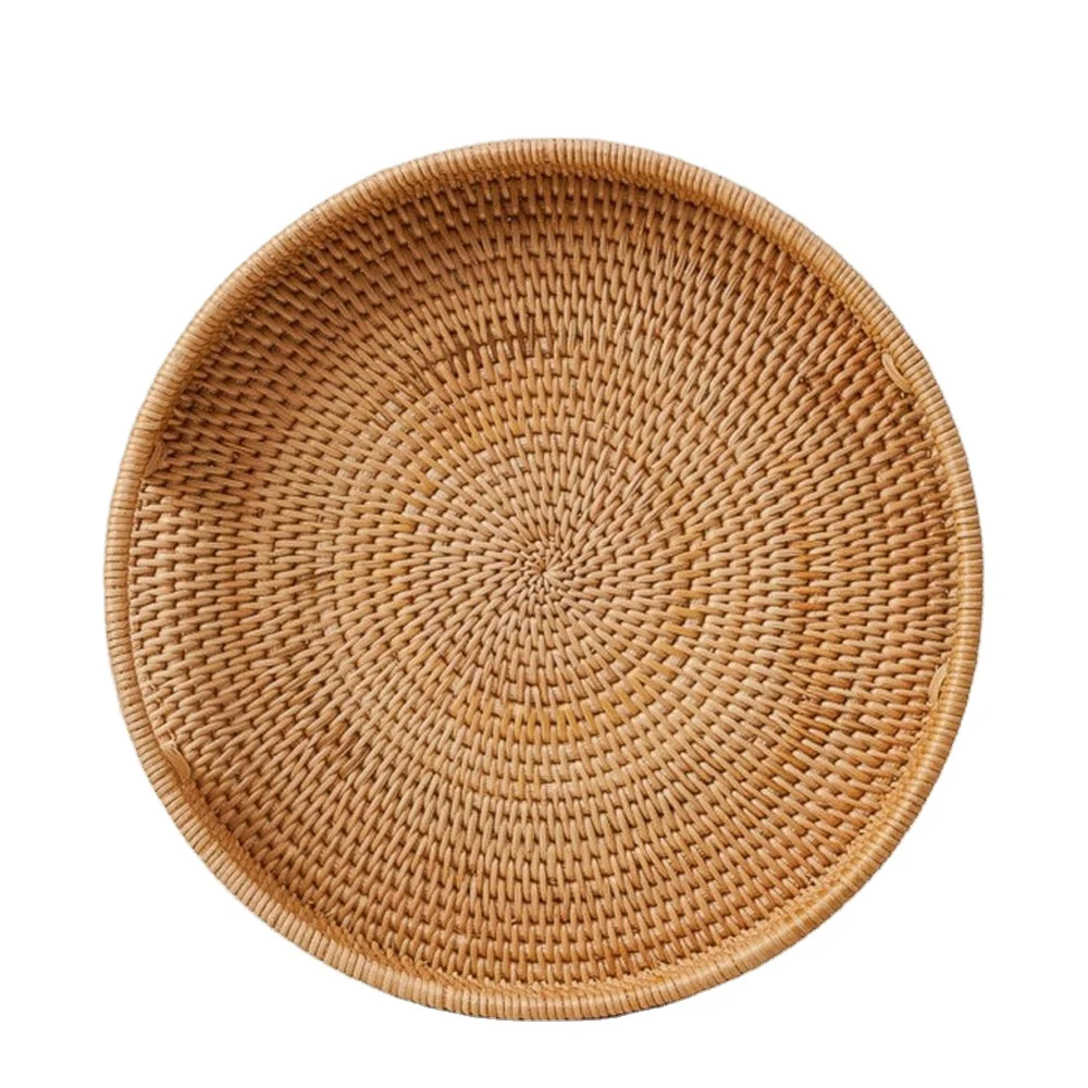 Rattan Storage Tray With Wooden Handle Round Wicker Basket Bread Food