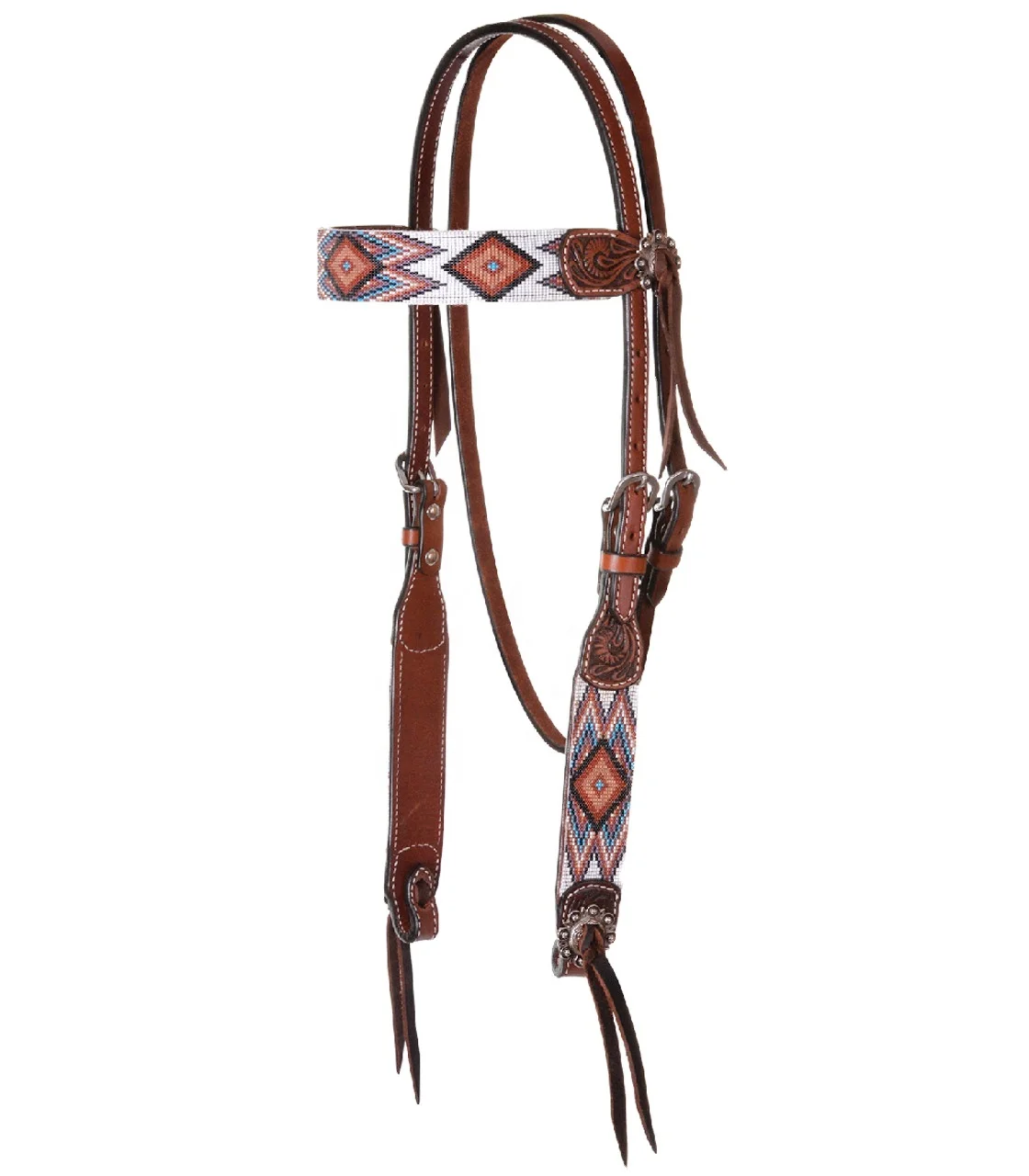 Handmade Beaded Leather Headstall With Hand Tooled Design Custom