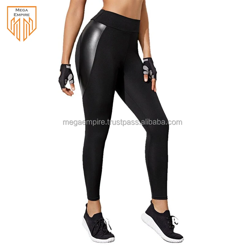 Top Fashion Women Leggings Spliced Leather Tight Pants Polyester