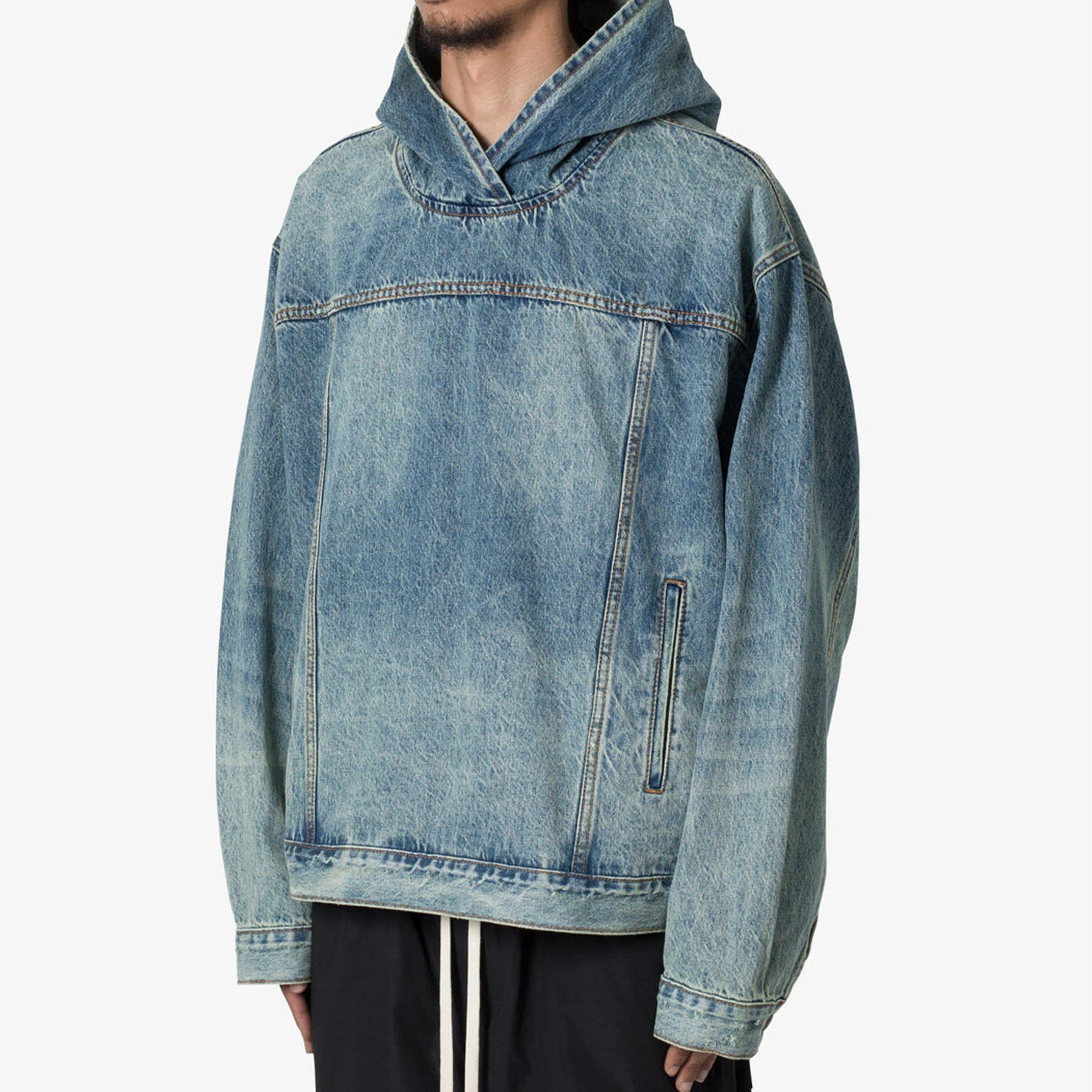 Glory Custom Denim Jeans Oversized Hoodie Premium Quality Drop Shoulder Men Denim Pullover Hoodie For Casualwear