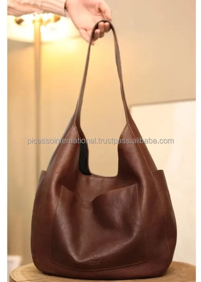 Button Closure Cotton Lining Anniversary Gift Cowhide Leather Tote Handbag Fashion Shoulder Bag for Women's Daily Use