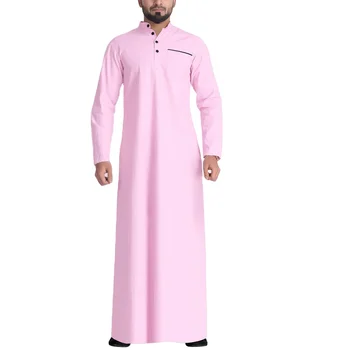 Hot Selling Polyester Stand Collar Solid Color Long Sleeves Thobe Kanzu Men Muslims Dress Islamic Clothing For Men