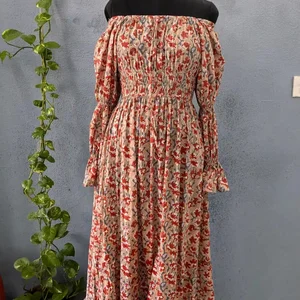 Hand Block Printed Summer Dress Cotton Dress Floral Print Handmade Collarless Floral Print Partywear Long Maxi Dress For Women