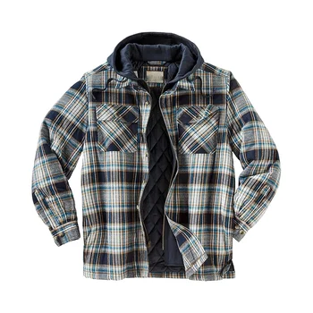 Men's Flannel Shirt Jacket With Removable Hood Plaid Quilted Lined ...